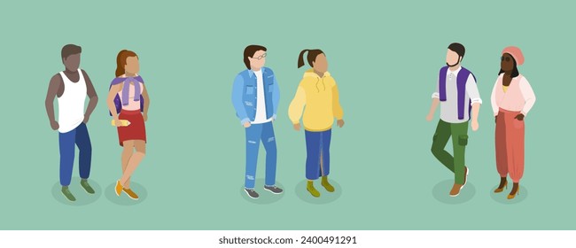 3D Isometric Flat Vector Set of Fashionable Couples