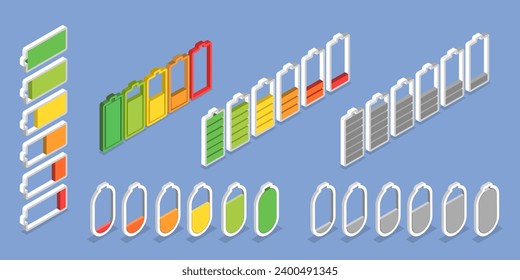 3D Isometric Flat Vector Set of Charging Level Batteries