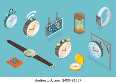 3D Isometric Flat Vector Set of Clocks