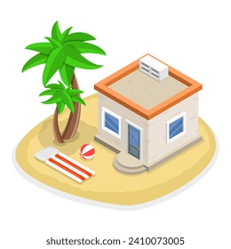 3D Isometric Flat Vector Set of Bungalows, Dwelling Huts, Tropical Cottages. Item 1