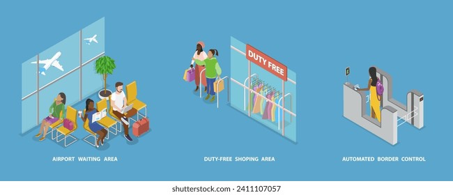 3D Isometric Flat Vector Set of Airport Scenes, Automated Border Control, Waiting Area, Duty Free Shopping