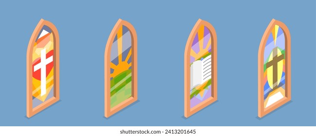3D Isometric Flat Vector Set of Church Stained Arched Windows , Different Styles and Drawing