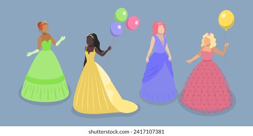 3D Isometric Flat Vector Set of Princess Characters, Beautiful Girlish Dress