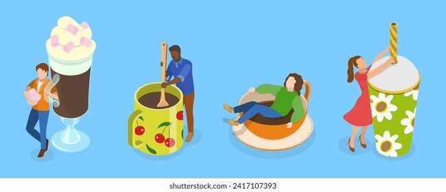 3D Isometric Flat Vector Set of Various Hot And Cold Beverages, Collection of People Enjoying Their Drinks