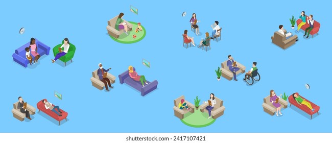 3D Isometric Flat Vector Set of Psychotherapy Session Scenes, Mental Health