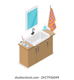 3D Isometric Flat Vector Set of Bathroom Interior Furniture, Shower Cabin, Sink with Mirror, Toilet. Item 1