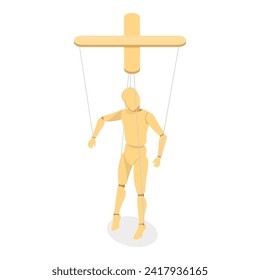 3D Isometric Flat Vector Set of Wooden Marionettes, Puppet on Ropes. Item 1