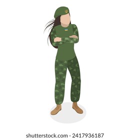 3D Isometric Flat Vector Set of Ukrainian Woman Soldiers, Fight on War for Independence. Item 2
