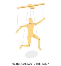 3D Isometric Flat Vector Set of Wooden Marionettes, Puppet on Ropes. Item 2