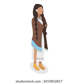 3D Isometric Flat Vector Set of Indigenous People, First Nation Characters in Traditional Clothing. Item 2