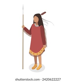 3D Isometric Flat Vector Set of Indigenous People, First Nation Characters in Traditional Clothing. Item 5