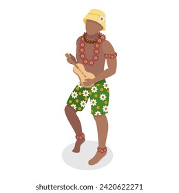 3D Isometric Flat Vector Set of Hawaiian Dancers, Characters in Polynesian Costume. Item 2