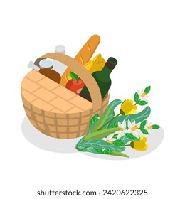 3D Isometric Flat Vector Set of Picnic Baskets , Food in Wicker Crates. Item 1