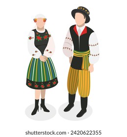 3D Isometric Flat Vector Set of Europeam Tradition Clothes, Belarus, Ukraine, Czech Republic, Poland. Item 3