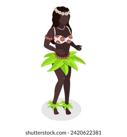 3D Isometric Flat Vector Set of Hawaiian Dancers, Characters in Polynesian Costume. Item 1