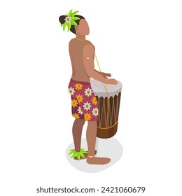 3D Isometric Flat Vector Set of Hawaiian Dancers, Characters in Polynesian Costume. Item 4