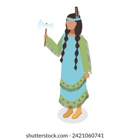 3D Isometric Flat Vector Set of Indigenous People, First Nation Characters in Traditional Clothing. Item 6