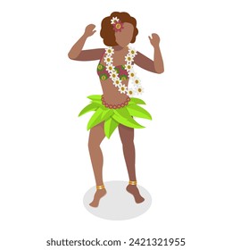 3D Isometric Flat Vector Set of Hawaiian Dancers, Characters in Polynesian Costume. Item 6