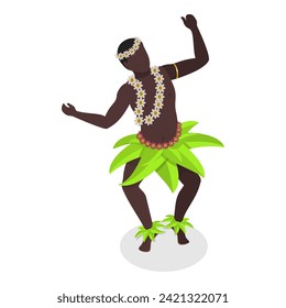 3D Isometric Flat Vector Set of Hawaiian Dancers, Characters in Polynesian Costume. Item 5