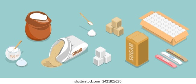 3D Isometric Flat Vector Set of Sugar Items, Granulated, Powder, Cubes