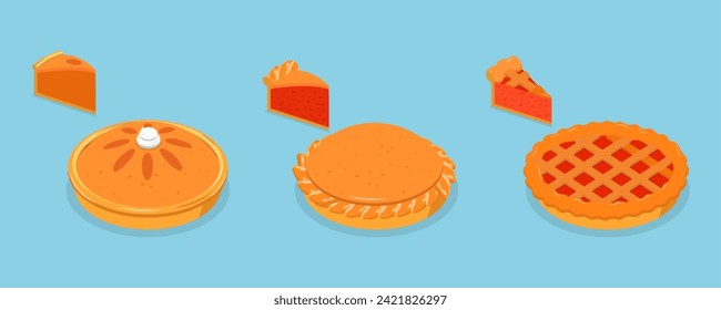 3D Isometric Flat Vector Set of Diffeent Pies and Slices, American Homemade Traditional Desserts