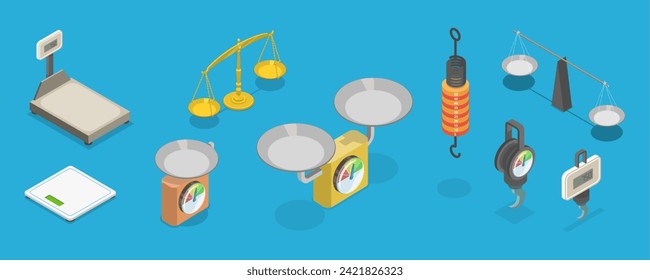 3D Isometric Flat Vector Set of Scales Types, Equipment for Weight Measuring