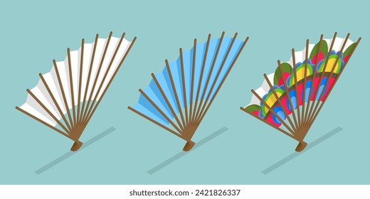 3D Isometric Flat Vector Set of Decorative Fans, Asian Traditional Folding Hand Fan