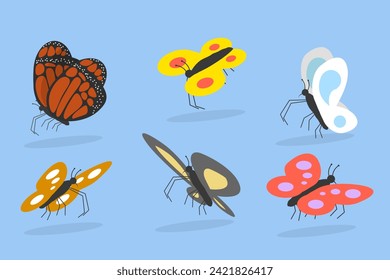 3D Isometric Flat Vector Set of Colorful Tropical Butterflies, Flying Insects