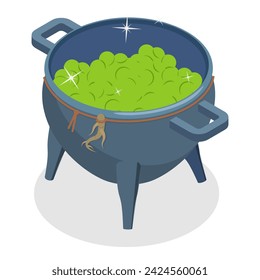 3D Isometric Flat Vector Set of Boiling Cauldrons, Making Magic Potions. Item 3