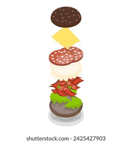 3D Isometric Flat Vector Set of Burger Maker, Elements for Different Sandwich. Item 2