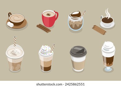 3D Isometric Flat Vector Set of Coffee Beverages, Different Drink Types