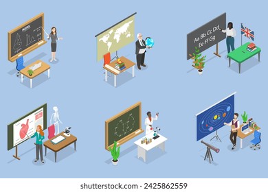 3D Isometric Flat Vector Set of School Teachers, Lecturers Teaching in Class