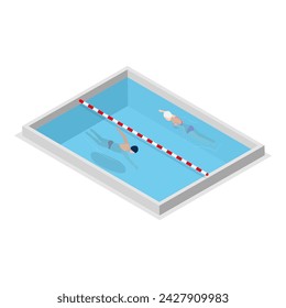 Conjunto de vectores planos isométricos 3D de nadadores de piscina, actividades acuáticas. Tema 3