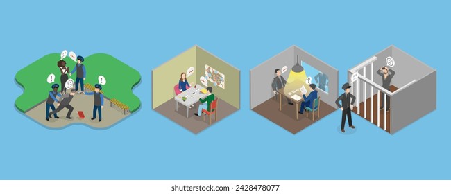 3D Isometric Flat Vector Set of Police Work Scenes, Law and Justice Service