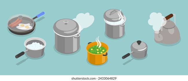 3D Isometric Flat Vector Set of Tableware, Cooking Kitchen Pots