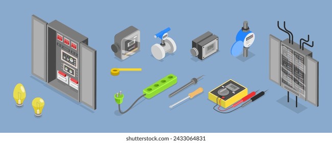 3D Isometric Flat Vector Set of Tools Of Electrician, Professional Equipment