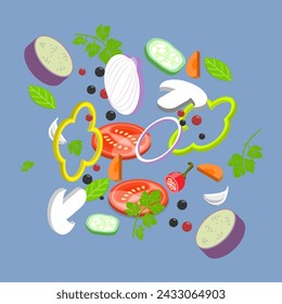 3D Isometric Flat Vector Set of Sliced Vegetables, Chopped Cooking Ingredients