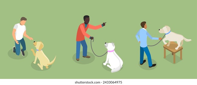 3D Isometric Flat Vector Set of Dog Training Scenes, Teaching Dogs Tricks