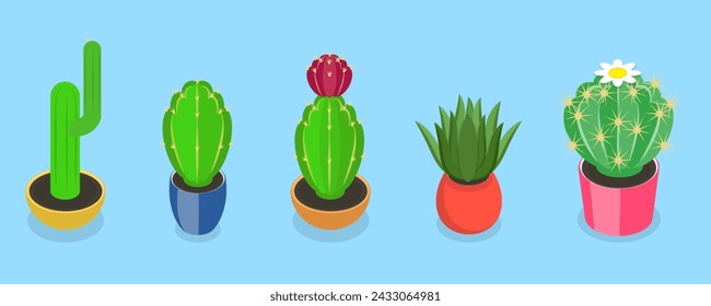 3D Isometric Flat Vector Set of Cactuses, Collection of Houseplants in Flower Pots