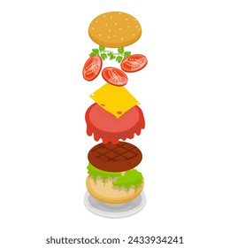 3D Isometric Flat Vector Set of Burger Maker, Elements for Different Sandwich. Item 5