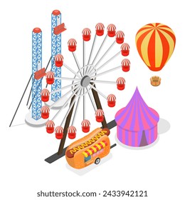 Conjunto de vectores planos isométricos 3D de parques de atracciones, rueda de observación, montaña rusa. Tema 2