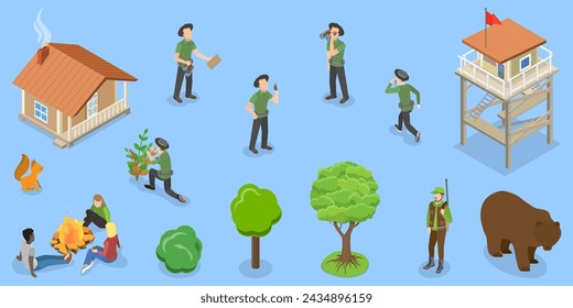 3D Isometric Flat Vector Set of Forest Guard Characters, Ranger Keepers of Park Resources