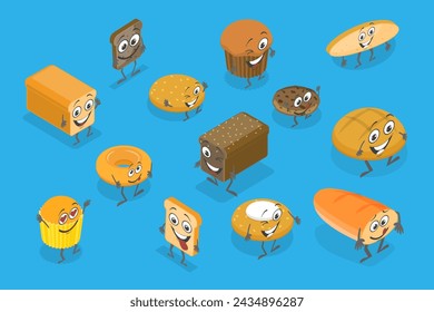 3D Isometric Flat Vector Set of Bread Characters, Bakery Funny Mascots