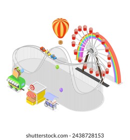 3D Isometric Flat Vector Set of Amusement Parks, Observation Wheel, Roller Coaster. Item 1