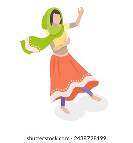 3D Isometric Flat Vector Set of Traditional Indian Dancers, Bollywood. Item 2