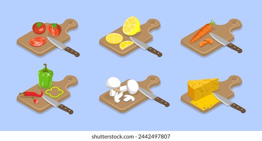 Conjunto de vectores planos isométricos 3D de proceso de cocina de alimentos, carne, pescado, rebanadas de corte de verduras en un tablero