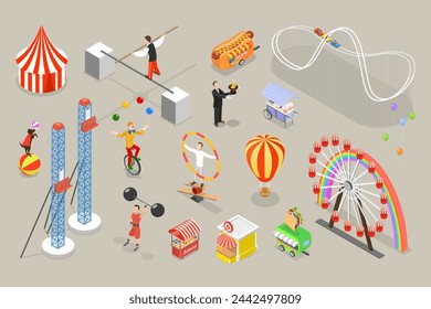 3D Isometric Flat Vector Set of Circus Attributes, Street Performer Items and Characters