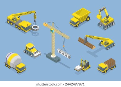 3D Isometric Flat Vector Set of Construction Equipment , Special Machines for the Building Work