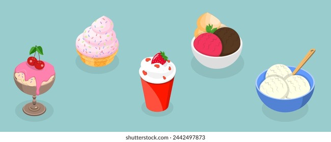 3D Isometric Flat Vector Set of Ice Creams, Collection of Cold Sweet Desserts