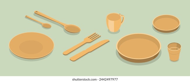 3D Isometric Flat Vector Set of Eco-Friendly Dinnerware, Sustainable Wooden Cutlery and Plates